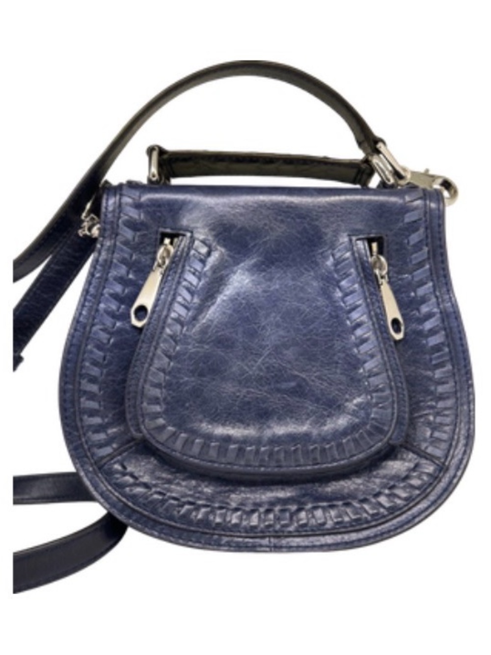 Rebecca Minkoff Navy Leather Crossbody Saddle Bag with Woven Trim